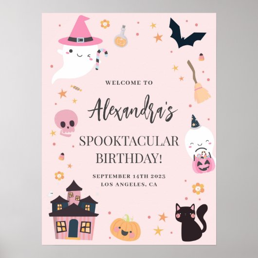 Roze Spooky Birthday Welkomstteken Poster (Voorkant)