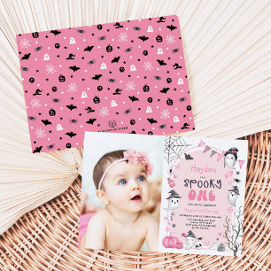 Roze Spooky One Halloween Ghost 1st Birthday Foto Kaart
