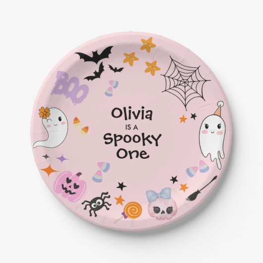 Roze Spooky One Schattige Ghost Halloween 1st Birt Papieren Bordje (Voorkant)
