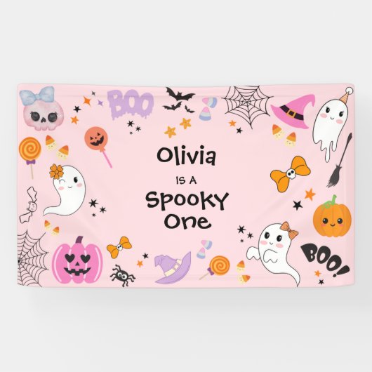 Roze Spooky One Schattige Ghost Halloween 1st Birt Spandoek (Horizontaal)