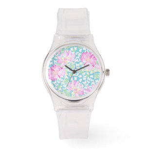 Roze sportief horloge: roze rozen, witte vlinders horloge