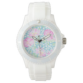 Roze sportief horloge: roze rozen, witte vlinders horloge