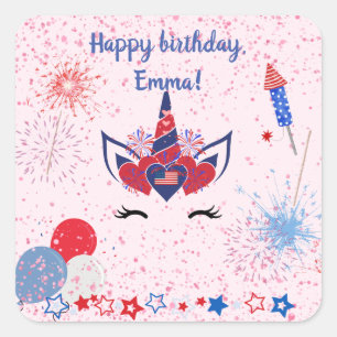 Roze sprankelende patriottische eenhoorn, vierkante sticker