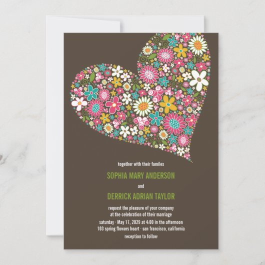 Roze Spring Flowers Heart Whimsical Wedding Invite Kaart (Voorkant)