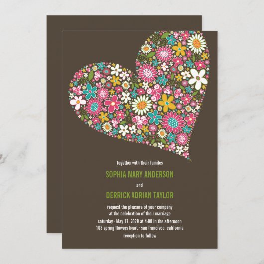 Roze Spring Flowers Heart Whimsical Wedding Invite Kaart (Voorkant / Achterkant)