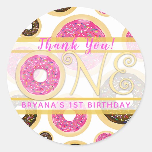 Roze Sprinkle Donut Donuts EEN 1e verjaardagsfeest Ronde Sticker (Voorkant)