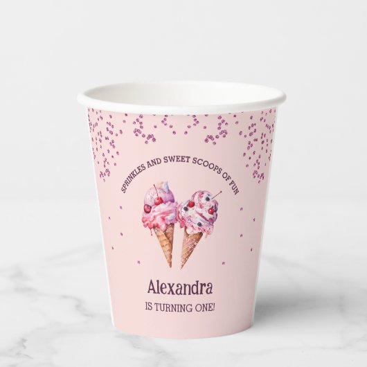 Roze Sprinkles Girl Ice Cream 1e verjaardag Papieren Bekers (Voorkant)