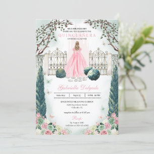 Roze Sprookje Kasteel betoverde tuin Quinceanera Kaart