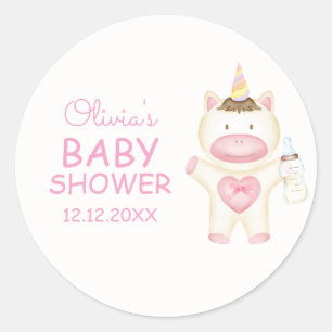 Roze Sprookjesachtige Eenhoorn Fles Baby shower Ronde Sticker