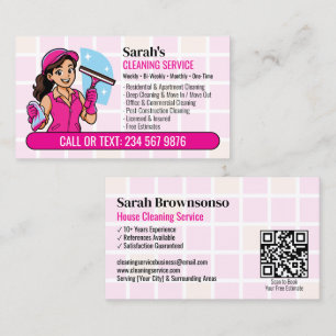 Roze Squeegee Raam Reiniging QR Cartoon Meisje Visitekaartje