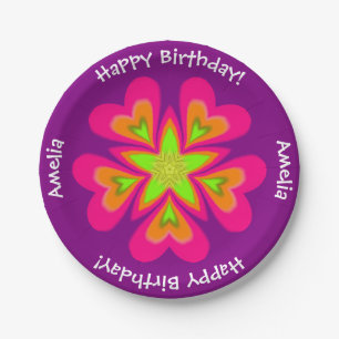 Roze StarFlower Happy Birthday Monogram Papieren Bordje