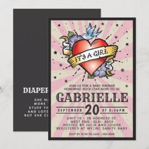 Roze steen en Roll Tattoo Baby shower Invitation Kaart