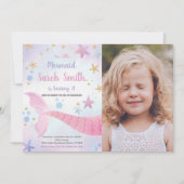 Roze ster Mermaid Tail Birthday-uitnodiging Foto Kaart (Voorkant)