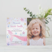 Roze ster Mermaid Tail Birthday-uitnodiging Foto Kaart (Staand voorkant)