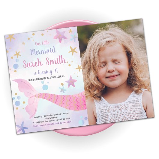 Roze ster Mermaid Tail Birthday-uitnodiging Foto Kaart