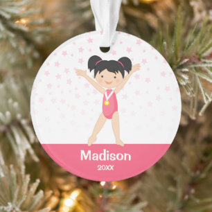 Roze sterren Black Hair Girl Gymnastics Personaliz Ornament