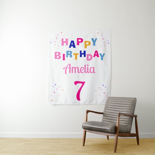 Roze Sterren Meisje Gelukkige Verjaardag Wandkleed (In situ)