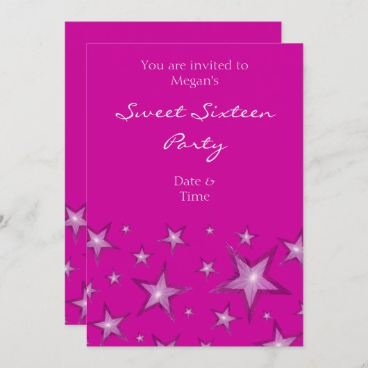 Roze sterren Sweet Sixteen uitnodiging verticaal r (Voorkant / Achterkant)