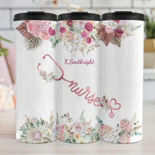 Roze stethoscoop bloemstuk verpleegkundige hulde thermosbeker