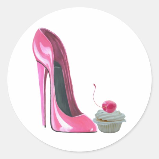Roze Stiletto-schoen en cupcake Ronde Sticker (Voorkant)