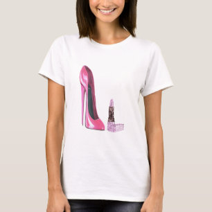 Roze Stiletto Schoen en Lipstick Kunst T-shirt