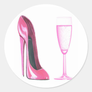 Roze Stiletto Shoe en Champagne Glass Ronde Sticker