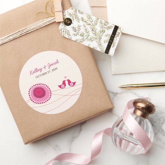 Roze stippelbloem Stippen & Schattigee Tortelduifj Ronde Sticker (Geschenken)