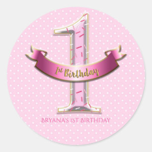 Roze Stippen & Banner EEN 1e 1e Verjaardagsfeestje Ronde Sticker
