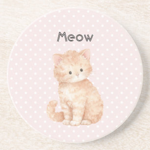 Roze Stippen Perzik Oranje Schattig Kitty Kat Zandsteen Onderzetter
