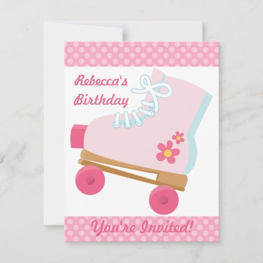 Roze Stippen Roller Skating Birthday Party Invitat Kaart (Voorkant)