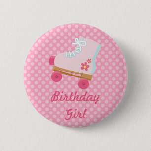 Roze Stippen Rollerskate Birthday Button