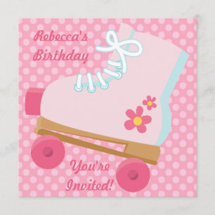 Roze Stippen Rollerskate Birthday Party Invitation Kaart