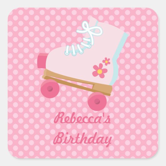 Roze Stippen Rollerskate Verjaardagsplein Stickers (Voorkant)