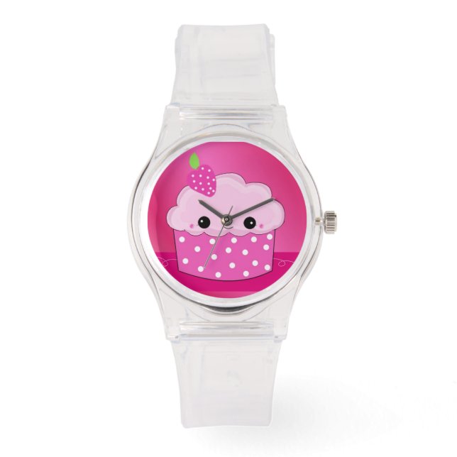 Roze Stippengezicht Cupcake Horloge (Voorkant)