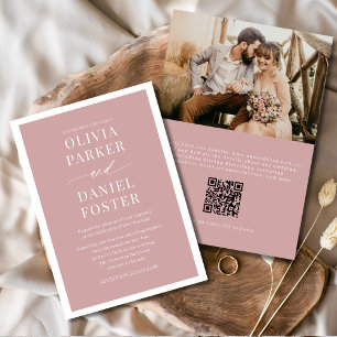 Roze Stof Roze Foto QR Code Minimalistische Trouwk Kaart