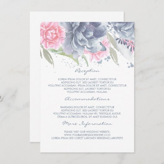 Roze + stoffige blauwe bloemen bruiloft informatie informatiekaartje (Voorkant / Achterkant)