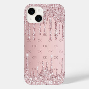 Roze stoffige roos monogram initialen druppels Case-Mate iPhone 14 hoesje
