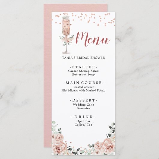 Roze Stoffige Rozen bloemblaadjes en Prosecco Vrij Menu (Voorkant / Achterkant)