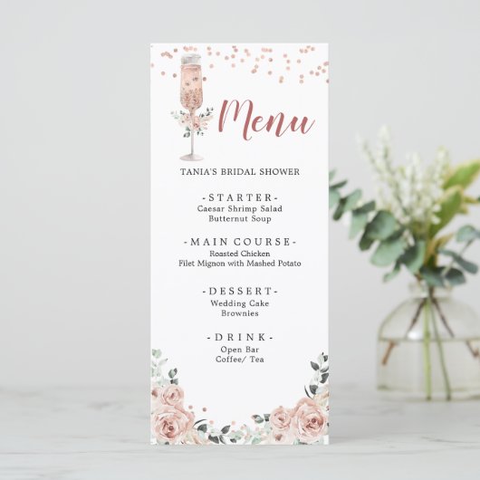 Roze Stoffige Rozen bloemblaadjes en Prosecco Vrij Menu (Staand voorkant)