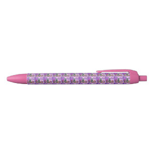 Roze stokstaartje logo patroon, blauwe inkt pen