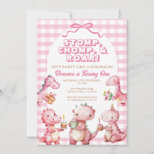 Roze Stomp Chomp Roar 1e Verjaardag Dinosaurus Kaart