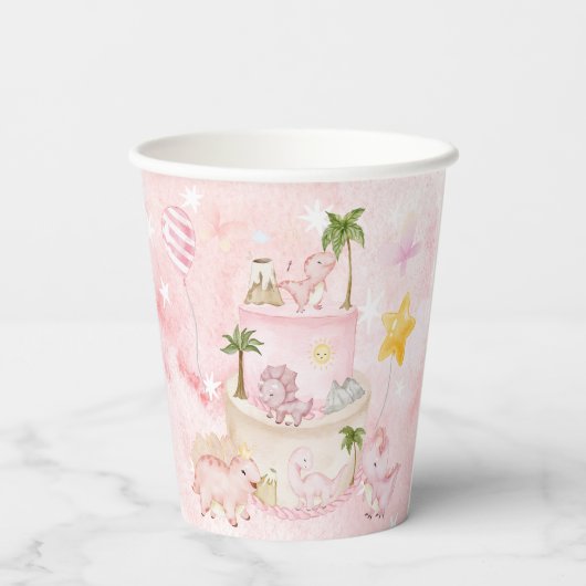 Roze Stomp en Roar Dinosaurus Verjaardag Papieren Bekers (Achterkant)