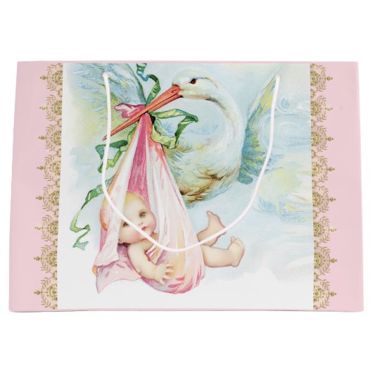 Roze Stork Baby Girl Groot Cadeauzakje (Voorkant)
