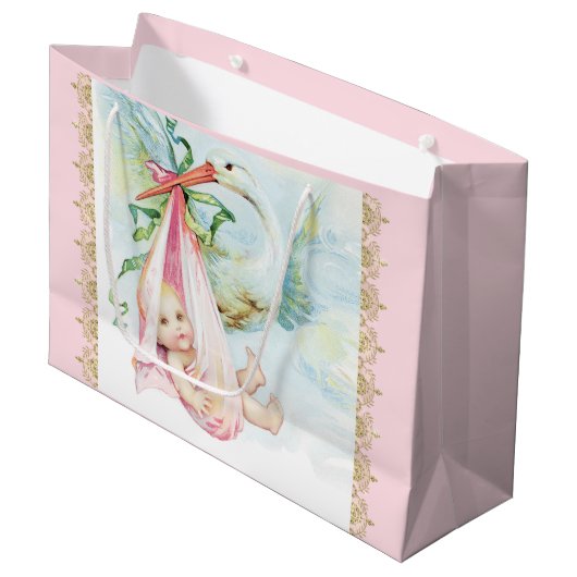 Roze Stork Baby Girl Groot Cadeauzakje (Voorkant Gekanteld)