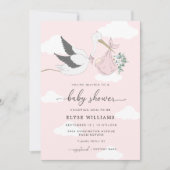 Roze Stork Baby shower Invitation Kaart (Voorkant)