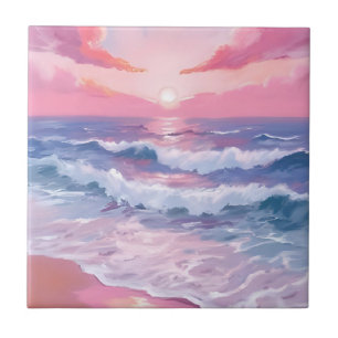 Roze strand oceaankust schilderkunst tegeltje