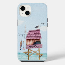 Roze strand vissershut pier stelten vogel vis miau