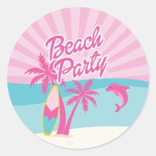 Roze Strandpalm Verjaardag Ronde Sticker