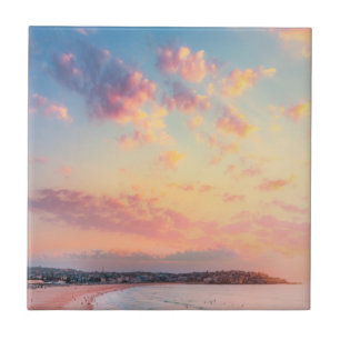 Roze strandzon gouden skies mooie vakantie tegeltje