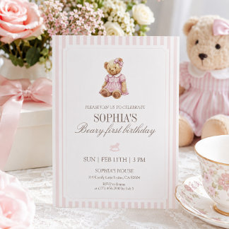 Roze Streep Beary Eerste Verjaardag Meisje Teddybe Kaart